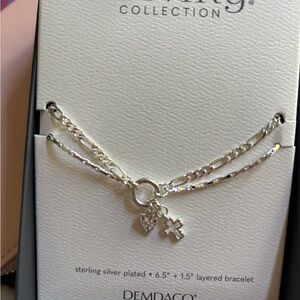 NWT Heart + Cross Silver Charm Layered Bracelet 6.5in 2in ext  giftable box